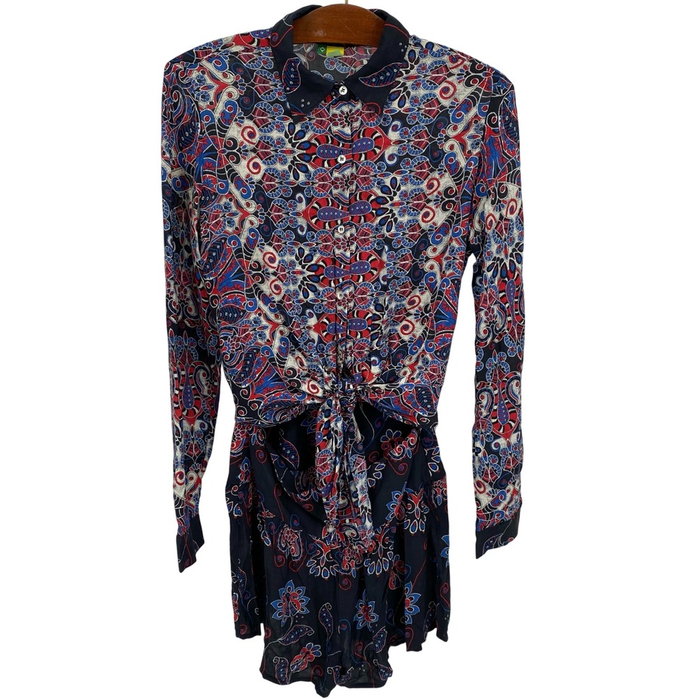 FARM Rio Women's Size L Romper With Shorts Tropical Print Button Down Shirt